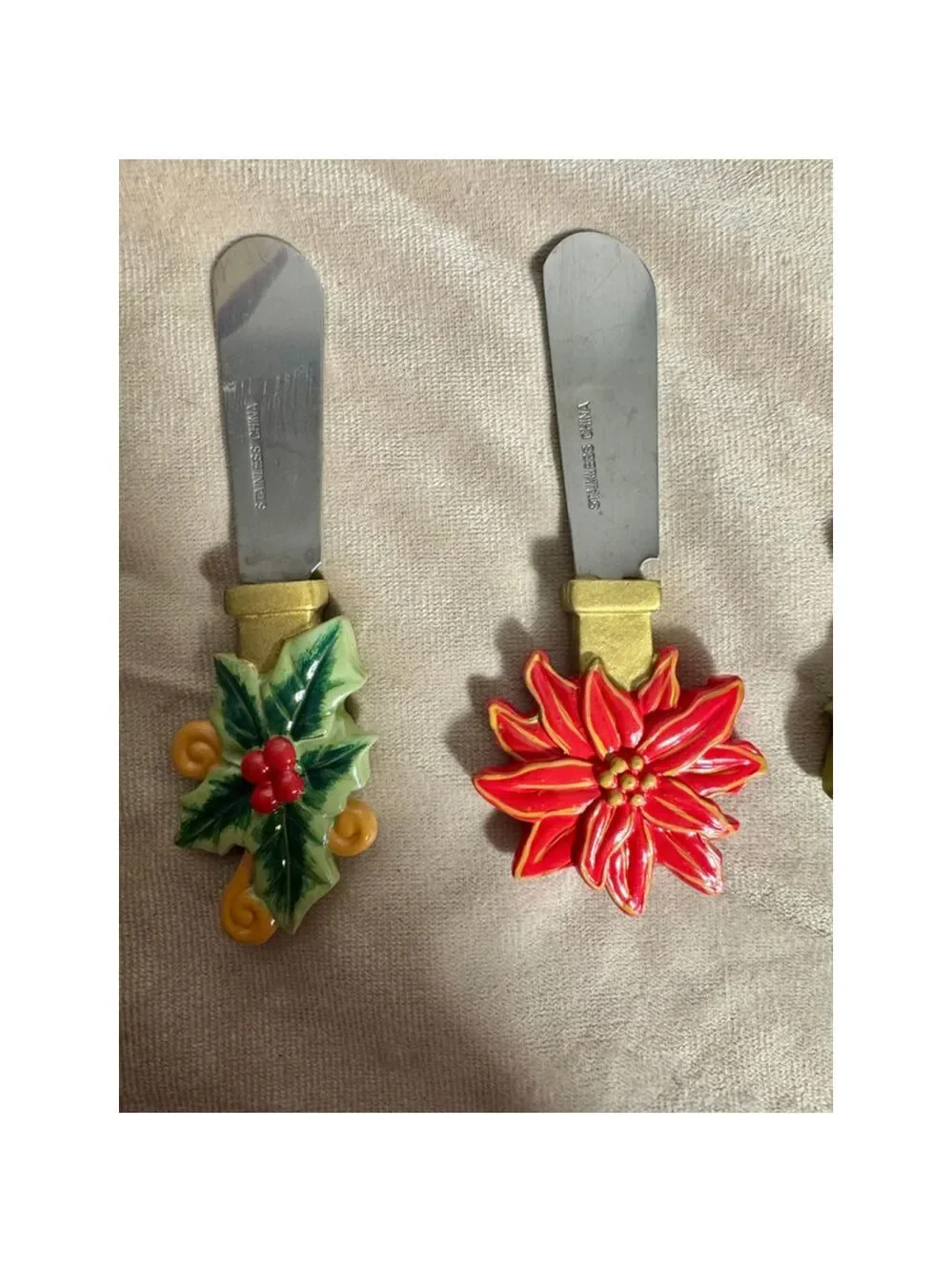 Vintage Christmas themed butter, cheese, jam spreaders Holly poinsettia pine